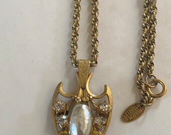 MIRIAM HASKELL Vintage Necklace Pearl Drop & Gold Filigree Pendant