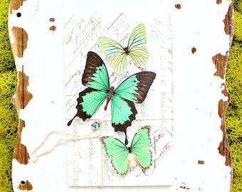 NEW 2023 collection no. 47 silk butterflies . 1 large, 2 small green emerald grass swallowtail hair clips, pins, magnets . birthday, wedding
