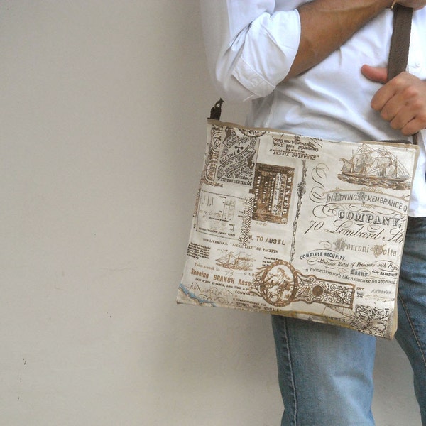 Antique Map, Mac Book laptop sleeve 11 or 13 inch, zipper close, PC shoulder bag, messenger Strap