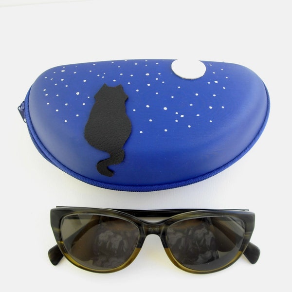 Cat and Moon,  blue eyeglass case with zipper, large glasses holder, reading eyewear case, black cat in the night, sunglasses case