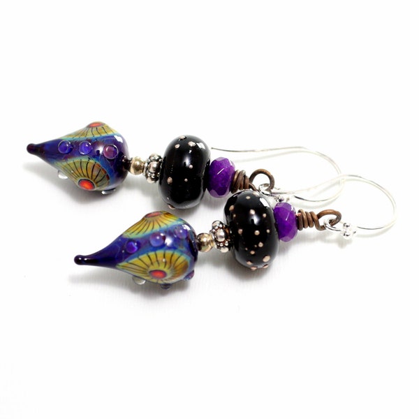 Deep Purple Glass Bead Earrings. Artisan Headpins. Lampwork Bead Earrings. SS Bali Beads. Glass Bead Jewelry.