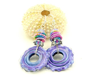 NEW! Lavender Bohemian Dangle Earrings. Handmade Lampwork Glass Hoop Bead. Artisan Fiber Beads. Beautiful Beaded Holiday Gift Ideas.