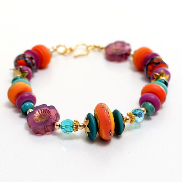 Colorful  Lampwork Bead Bracelet. Southwest Colors. Boho Gypsy Rustic Bracelet. Southwest Bracelet. Lampwork Jewelry. Gifts For Her.