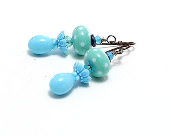 Small Blue Boho Dangle Earrings. Artisan Dotted Lampwork Beads. Bohemian Hippie Chic. Special Occasion Gifts For Her. Glass Bead Jewelry.