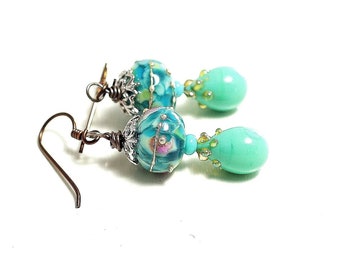 Small Handmade Boho Earrings. Colorful Turquoise Lampwork Glass Beads. Handmade Glass Headpins. Beaded Jewelry. Gifts For Women And Girls.