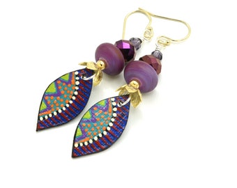 Artisan Made Colorful Bohemian Dangle Earrings. Purple Aubergine Lampwork Beads. Handmade Tribal Ethnic Boho Charms. OOAK Beaded Jewelry.