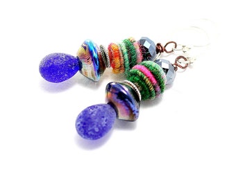 Boho Lampwork Bead Earrings. Luminous Cobalt Glass Beads. Artisan Glass Headpins. Rainbow Fiber Beads. Gifts For Her. Glass Bead Jewelry.