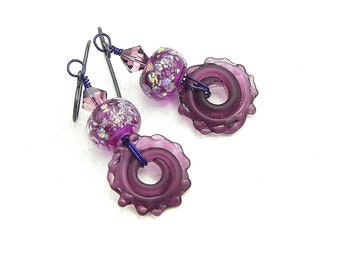 Small Purple Bohemian Dangle Earrings. Artisan Made Glass Disc Beads. Plum Lampwork Beads. Swarovski Crystals. Boho Beaded Jewelry.