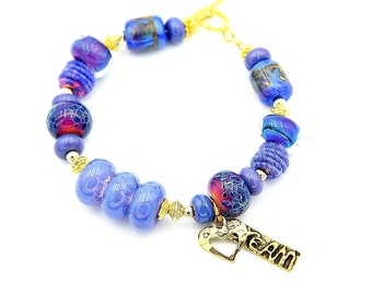 NEW! Colorful Periwinkle Glass Bead Bracelet. Exquisite Artisan Lampwork Beads. Handmade Bronze Charms. Beautiful Beaded Jewelry.