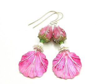 Arisan Made Bohemian Flower Earrings. Handmade Leaf Charms. Ukraine Made Rosebud Beads. Fine SS Earring Wires. Gifts For Women.