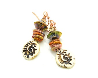 Colorful Boho Dangle Earrings. Judie Mountain Tribal-Rustic Porcelain Charms. Handmade Yarn Beads. Luminous Lampwork Beads. Beaded Jewelry.