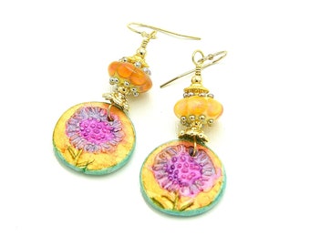 Colorful Artisan Made Bohemian Earrings. Handmade Flower Charms. Raised Dot Lampwork Beads. GF Bead Caps and Spacer Beads. Gifts For Her.