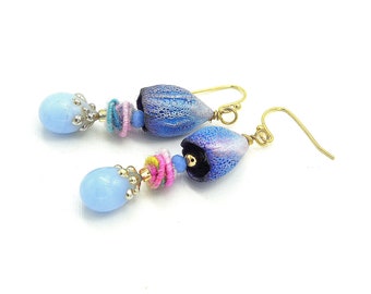 Exquisite Artisan Bohemian Earrings.  Sky Blue Ceramic Bell Beads. Hand-Wrapped Fiber Beads. Raised Dot Lampwork Glass Headpins.