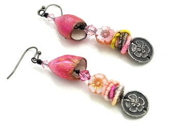 Colorful Pink Boho Dangle Earrings. Handmade Ceramic Bell Beads. Artisan Pewter Flower Discs. Artisan Twisty Fiber Beads. Beaded Jewelry.