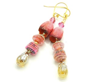 Colorful Long Dangle Bohemian Earrings. Artisan Coral Ceramic Bell Beads. Handmade Fiber Beads. Gold Glass Headpins. Holiday Gift Ideas.