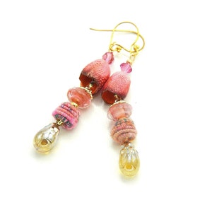Colorful Long Dangle Bohemian Earrings. Artisan Coral Ceramic Bell Beads. Handmade Fiber Beads. Gold Glass Headpins. Holiday Gift Ideas. image 1