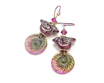 Small Colorful Boho Chic Bird Earrings. Artisan Made Gold-Painted Fushia Spiral Charms. Czech Table Cut Glass Beads. Mother's Day Gifts.