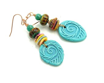 Handmade Teal Turquoise Bohemian Earrings. Judie Mountain Spiral Charms. Colorful Fiber Beads. Teal Raku Lampwork Beads. Gifts for Moms.