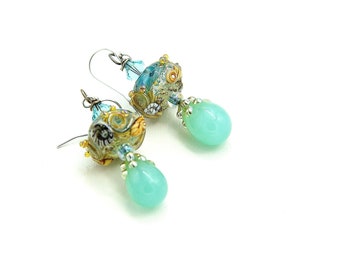 Aquamarine Artisan Bohemian Earrings. Exquisite Beach-Boho Lampwork Beads. Handmade Glass Headpins. Beaded Jewelry Gift Ideas For Women.