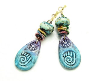 Bohemian Artisan Made Lampwork Earrings. Boho Ethnic Tribal Poly Clay Charms. Hand Twisted Fiber Beads. Beaded Bohemian Jewelry.