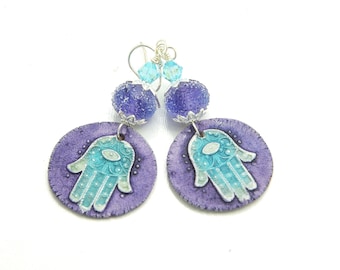 Stunning Turquoise Lavender Bohemian Earrings. Colorful Artisan Ceramic Hamsa Charms. Lightweight. Gifts for Women. Boho Beaded Jewelry.