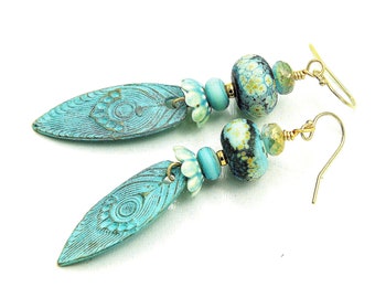 Handmade Copper Green Bohemian Earrings. Patina Feather Charms. Glorious Lampwork Beads. Southwest Style Beaded Jewelry.