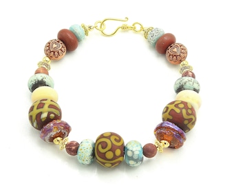 Artisan Rustic Boho Bracelet. Handmade Scrolled Lampwork Beads. Rock Creek Jaspar. Carved Wood Beads. Southwest Style Beaded Jewelry.