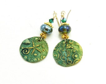 Green Bohemian Dangle Earrings. Artisan Made Ocean Ceramic Charms. Luminous Lampwork Beads. Great Gift Ideas.