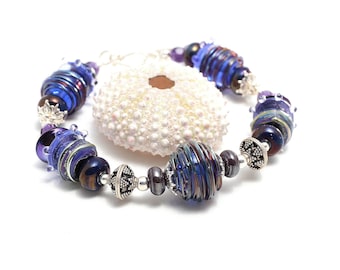 Purple-Blue Luminous Psyche Beaded Bracelet. Artisan Lampwork Beads. Sterling Silver Bali Beads. Gifts For Her. Beautiful Beaded Jewelry.