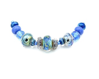 Beautiful Blue Lampwork Bead Pendant Necklace. Handmade Artisan Glass Beads. Boho Choker. Elegant Beaded Bohemian Jewelry. Great Gift Idea.