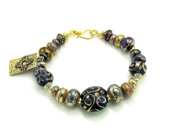 Exquisite Handmade Beaded Bracelet. Artisan Scrolled Lampwork Beads. Handmade Bronze Zuni Cross. OOAK Jewelry Gifts for Women.