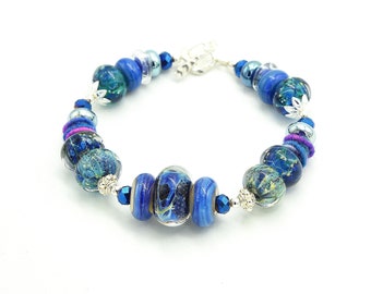 Cobalt Blue Handmade Bohemian Bracelet. Luscious Artisan Lampwork Beads. SS Bead Caps and Bali Beads. Hammered Toggle Clasp. Beaded Jewelry.
