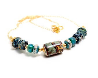 Boho Focal Bead Statement Necklace. Artisan Lampwork Glass on 14k GF Chain.