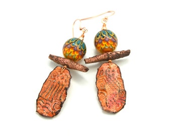 Long Handmade Boho Tribal Ethnic Earrings. Artisan Poly Clay Designer Charms. Exquisite Lampwork Beads. OOAK Beaded Bohemian Jewelry.
