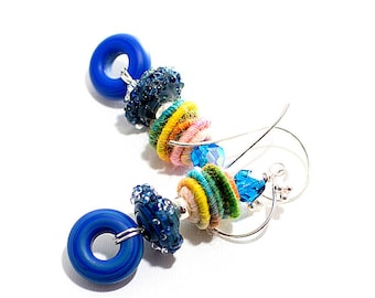 Lampwork Fiber Bead Jewelry. Gifts For Her Cobalt Boho Gypsy Earrings Colorful Fiber Bead Earrings Long Bohemian Earrings