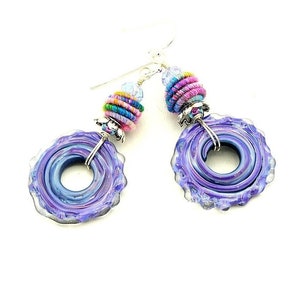 Lavender Boho Hoop Earrings. Handmade Lampwork Glass Disc Bead. Colorful Artisan Fiber Beads. Boho Chic.