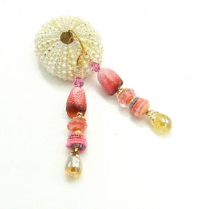 Colorful Long Dangle Bohemian Earrings. Artisan Coral Ceramic Bell Beads. Handmade Fiber Beads. Gold Glass Headpins. Holiday Gift Ideas. image 4