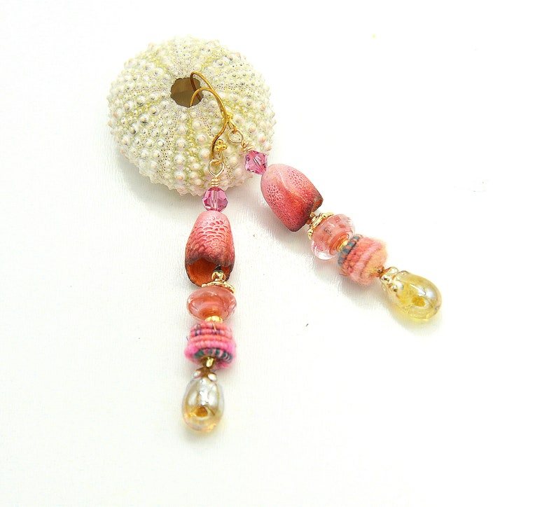 Colorful Long Dangle Bohemian Earrings. Artisan Coral Ceramic Bell Beads. Handmade Fiber Beads. Gold Glass Headpins. Holiday Gift Ideas. image 4