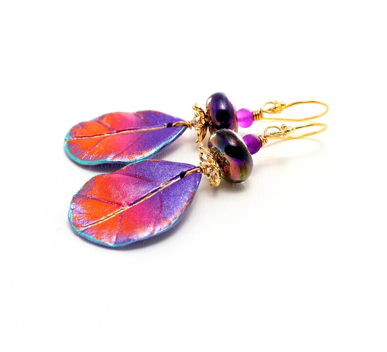 Handpainted Boho Leaf Charms Glass Bead Jewelry. Colorful Dangle Earrings Luminous Purple Lampwork Beads Special Occasion Gifts For Her
