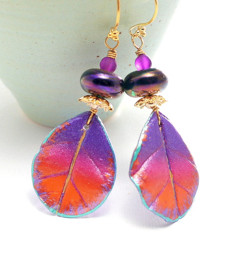 Handpainted Boho Leaf Charms Glass Bead Jewelry. Colorful Dangle Earrings Luminous Purple Lampwork Beads Special Occasion Gifts For Her