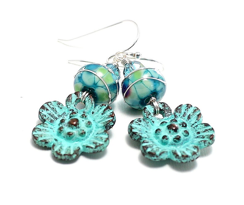 Glass Bead Jewelry. Special Gift Ideas For Her Turquoise Lampwork Glass Beads Mykonos Patina Flower Charms Small Boho Dangle Earrings