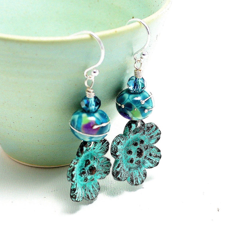 Glass Bead Jewelry. Special Gift Ideas For Her Turquoise Lampwork Glass Beads Mykonos Patina Flower Charms Small Boho Dangle Earrings