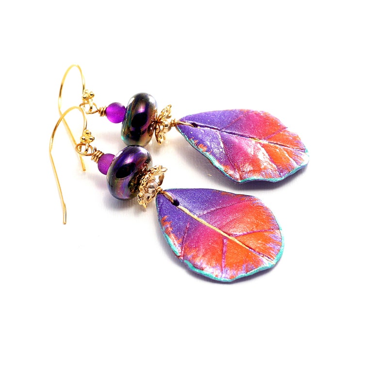 Handpainted Boho Leaf Charms Glass Bead Jewelry. Colorful Dangle Earrings Luminous Purple Lampwork Beads Special Occasion Gifts For Her