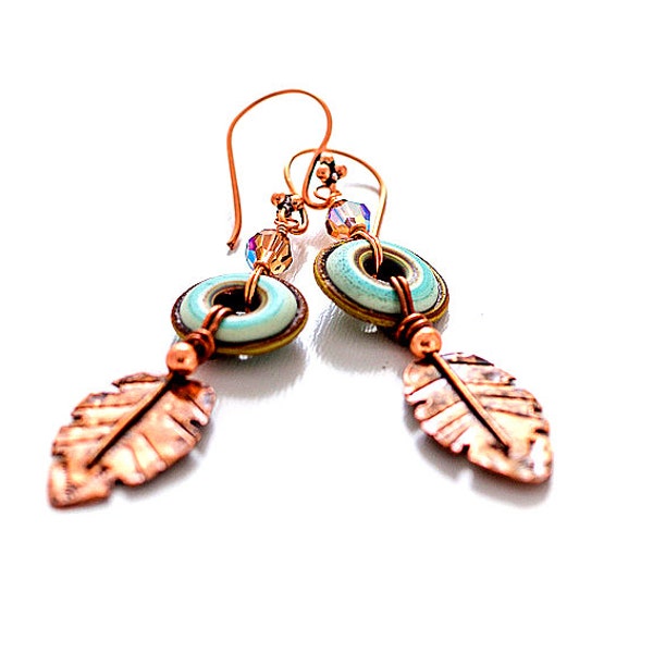 Turquoise Glass Bead Earrings. Copper Feathers. Rustic Tribal Earrings.