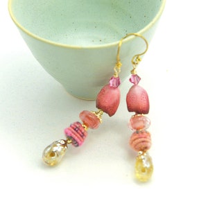 Colorful Long Dangle Bohemian Earrings. Artisan Coral Ceramic Bell Beads. Handmade Fiber Beads. Gold Glass Headpins. Holiday Gift Ideas. image 5