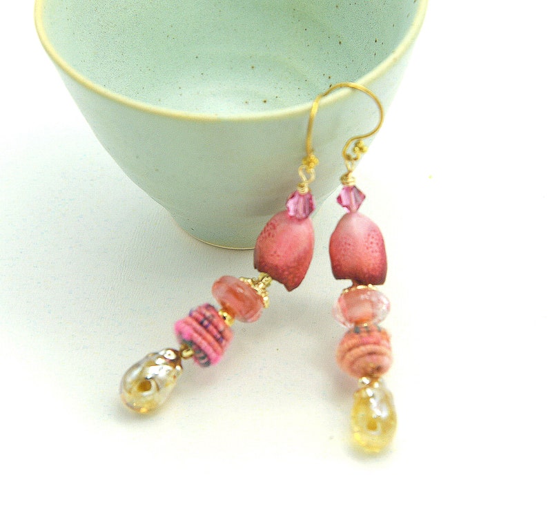 Colorful Long Dangle Bohemian Earrings. Artisan Coral Ceramic Bell Beads. Handmade Fiber Beads. Gold Glass Headpins. Holiday Gift Ideas. image 5