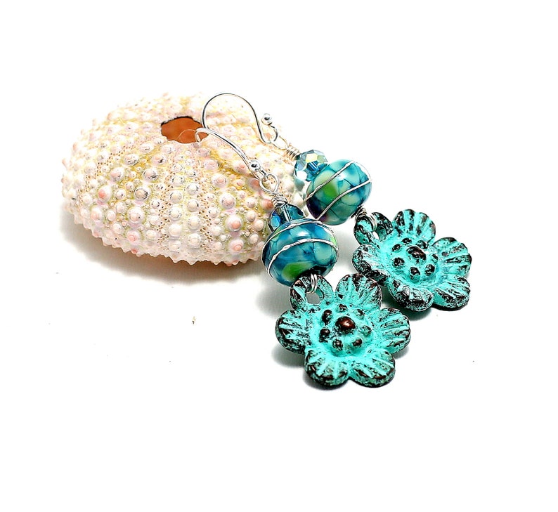 Glass Bead Jewelry. Special Gift Ideas For Her Turquoise Lampwork Glass Beads Mykonos Patina Flower Charms Small Boho Dangle Earrings