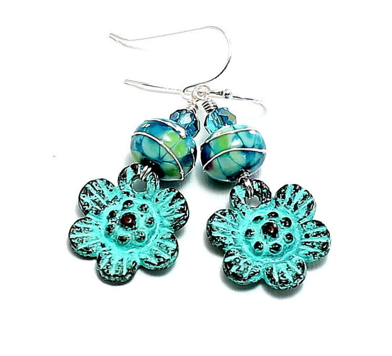 Glass Bead Jewelry. Special Gift Ideas For Her Turquoise Lampwork Glass Beads Mykonos Patina Flower Charms Small Boho Dangle Earrings