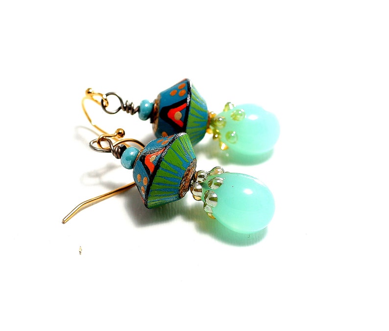 Artisan Lampwork Bead Headpins Petite Boho Dangle Drop Earrings Handmade Clay Tribal Beads Light Turquoise Colors Glass Bead Jewelry.