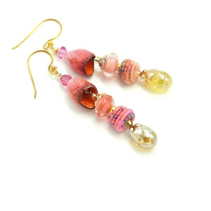 Colorful Long Dangle Bohemian Earrings. Artisan Coral Ceramic Bell Beads. Handmade Fiber Beads. Gold Glass Headpins. Holiday Gift Ideas. image 6